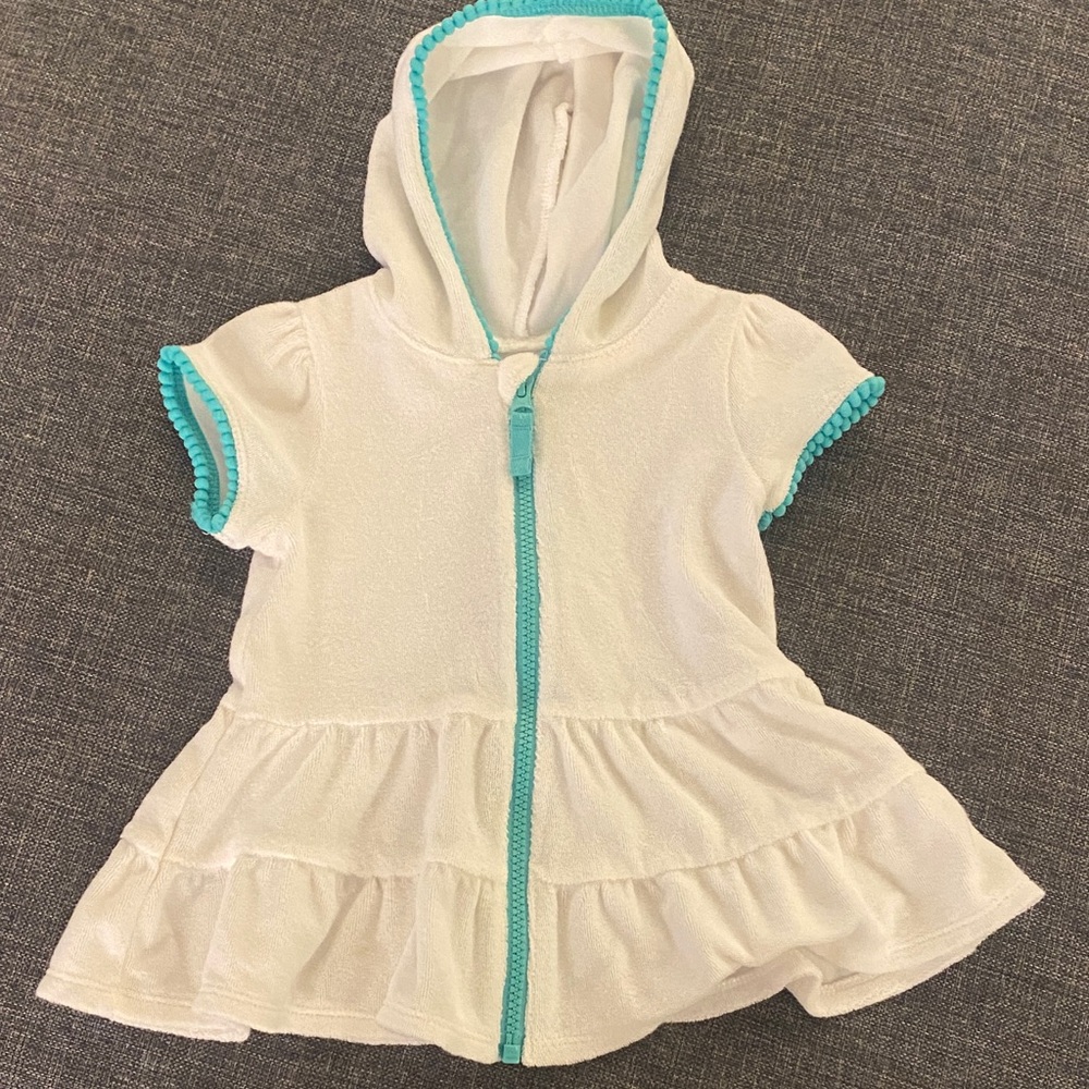Cat & Jack White Hooded Ruffle Swim Coverup with Teal Trim